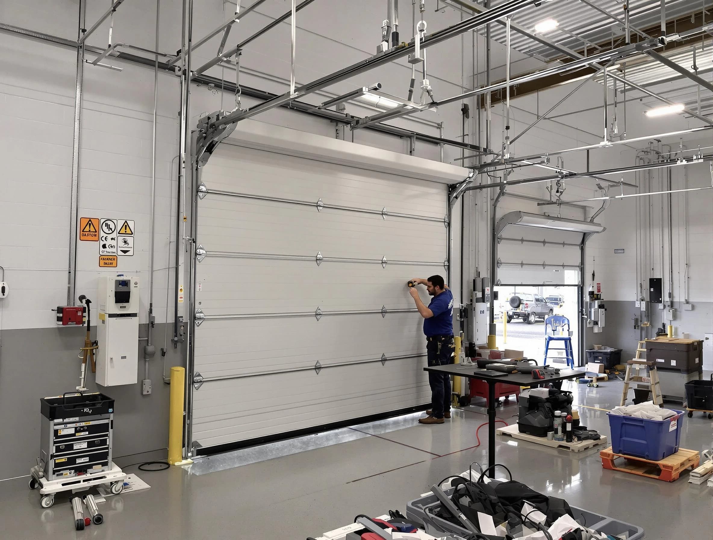 Commercial garage door repair being performed by North Fayette Garage Door Repair expert in North Fayette